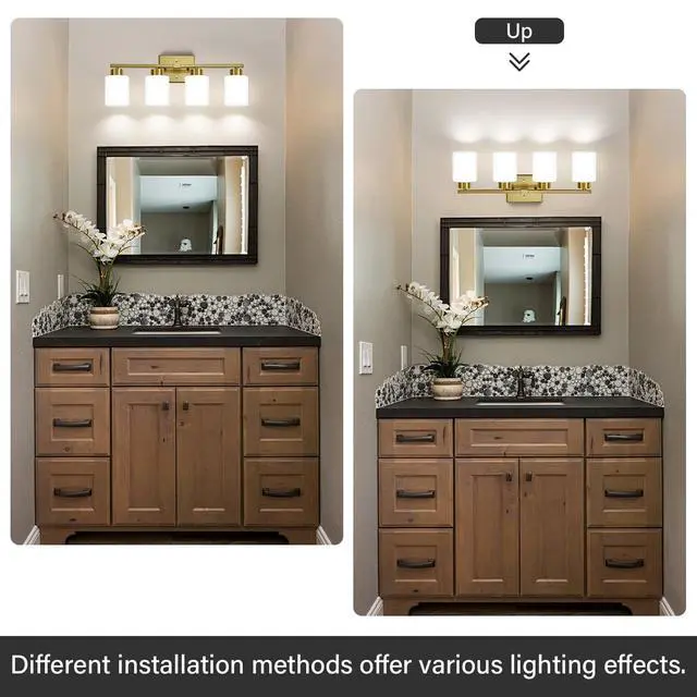 Alt view image 5 of 7 - Brushed Gold Bathroom Light Fixtures Vanity Lights Over Mirror Modern 4-Light Lighting Fixtures for Bathroom With Milky White Frosted Glass Shades, E26 Socket (Bulbs Not Included)