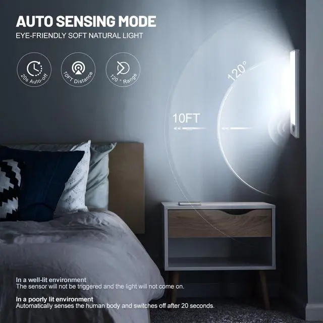 Alt view image 2 of 7 - 6 Pack Under Cabinet Lighting Wireless, 58 LED Rechargeable Battery Motion Sensor Light Indoor, Stick On Magnetic Closet Lights, Under Counter Lights for Kitchen, Stairs, White 14 in