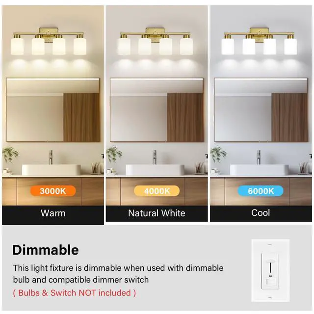 Alt view image 6 of 7 - Brushed Gold Bathroom Light Fixtures Vanity Lights Over Mirror Modern 4-Light Lighting Fixtures for Bathroom With Milky White Frosted Glass Shades, E26 Socket (Bulbs Not Included)