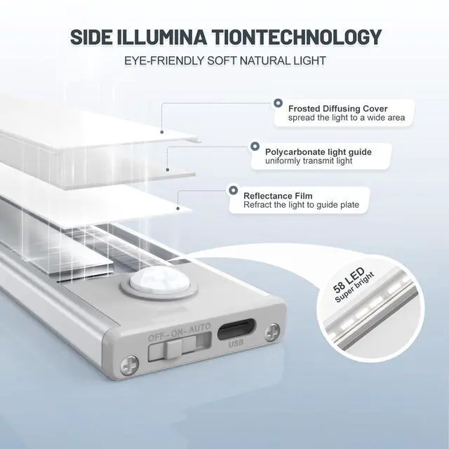 Alt view image 4 of 7 - 6 Pack Under Cabinet Lighting Wireless, 58 LED Rechargeable Battery Motion Sensor Light Indoor, Stick On Magnetic Closet Lights, Under Counter Lights for Kitchen, Stairs, White 14 in