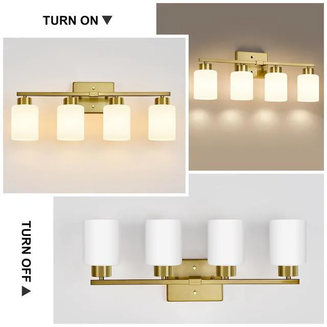 Alt view image 7 of 7 - Brushed Gold Bathroom Light Fixtures Vanity Lights Over Mirror Modern 4-Light Lighting Fixtures for Bathroom With Milky White Frosted Glass Shades, E26 Socket (Bulbs Not Included)