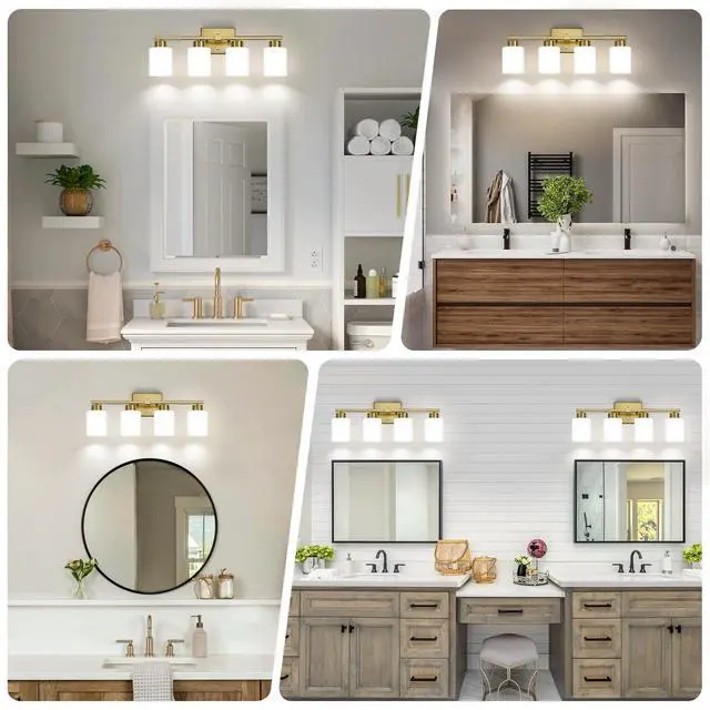 Alt view image 3 of 7 - Brushed Gold Bathroom Light Fixtures Vanity Lights Over Mirror Modern 4-Light Lighting Fixtures for Bathroom With Milky White Frosted Glass Shades, E26 Socket (Bulbs Not Included)