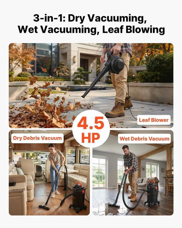 Alt view image 2 of 7 - 3-in-1 Shop Vac, 8 Gallon Wet Dry Shop Vacuum, 4.5 Peak HP Portable Vacuum Cleaner with Blower, Dual-Filter, 950W Input Power, 1.25in x 7ft Hose, 9.8ft Cord for Jobsite, Workshop, Garage, Home