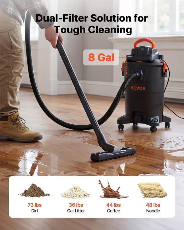 Alt view image 6 of 7 - 3-in-1 Shop Vac, 8 Gallon Wet Dry Shop Vacuum, 4.5 Peak HP Portable Vacuum Cleaner with Blower, Dual-Filter, 950W Input Power, 1.25in x 7ft Hose, 9.8ft Cord for Jobsite, Workshop, Garage, Home