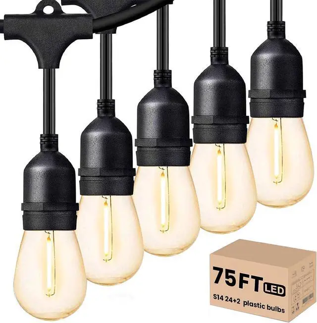 Main image of Outdoor String Lights 75 FT LED Outside Patio E26 Edison Waterproof Commercial Grade Patio Light with Shatterproof S14 Dimmable Vintage Bulbs, Hanging Strand for Bistro Cafe Backyard Warm White