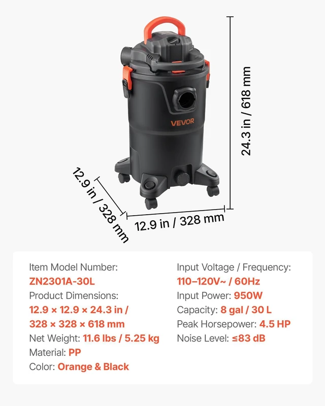 Alt view image 7 of 7 - 3-in-1 Shop Vac, 8 Gallon Wet Dry Shop Vacuum, 4.5 Peak HP Portable Vacuum Cleaner with Blower, Dual-Filter, 950W Input Power, 1.25in x 7ft Hose, 9.8ft Cord for Jobsite, Workshop, Garage, Home