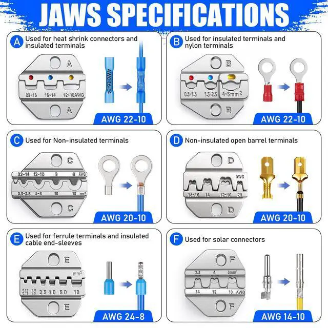 Alt view image 2 of 7 - Crimping Tool Set 8PCS - Ratchet Wire Crimping Tool for Heat Shrink,Insulated Nylon,Non-Insulated,wire ferrules,Open Barrel Terminals,Solar Connectors - Crimper with 6 Interchangeable Die