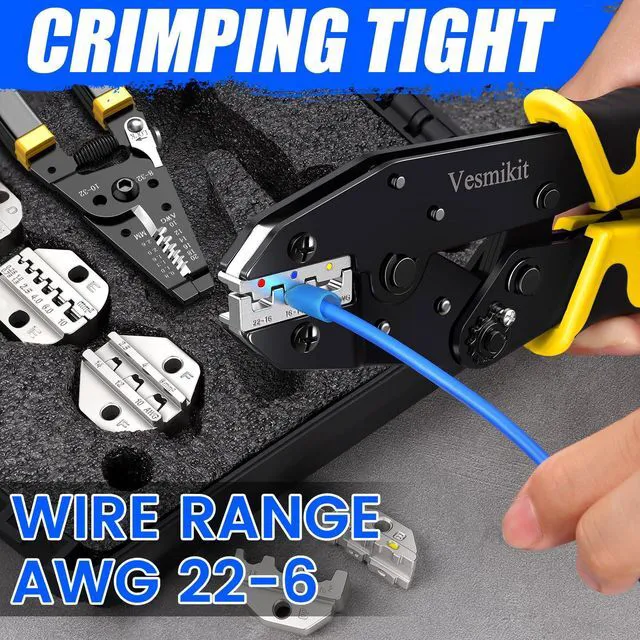 Alt view image 4 of 7 - Crimping Tool Set 8PCS - Ratchet Wire Crimping Tool for Heat Shrink,Insulated Nylon,Non-Insulated,wire ferrules,Open Barrel Terminals,Solar Connectors - Crimper with 6 Interchangeable Die