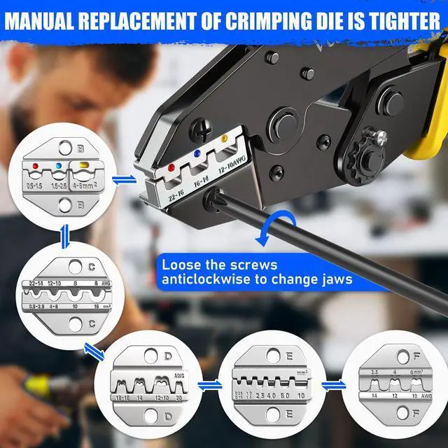 Alt view image 6 of 7 - Crimping Tool Set 8PCS - Ratchet Wire Crimping Tool for Heat Shrink,Insulated Nylon,Non-Insulated,wire ferrules,Open Barrel Terminals,Solar Connectors - Crimper with 6 Interchangeable Die