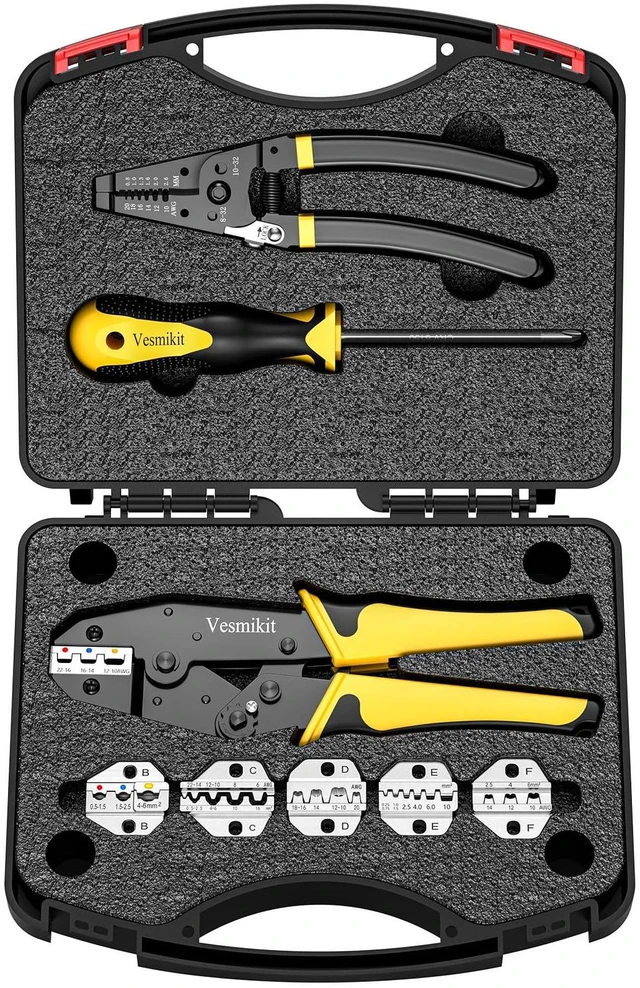 Main image of Crimping Tool Set 8PCS - Ratchet Wire Crimping Tool for Heat Shrink,Insulated Nylon,Non-Insulated,wire ferrules,Open Barrel Terminals,Solar Connectors - Crimper with 6 Interchangeable Die