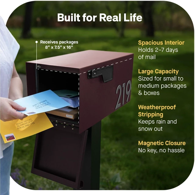 Alt view image 4 of 7 - Post Mount Outdoor Mailboxes - Large Decorative Mailbox for Letters and Packages - Weatherproof Construction - Durable Steel - Magnetic Closure - 9.5 H x 9.5 W x 20.75 D - Malbec