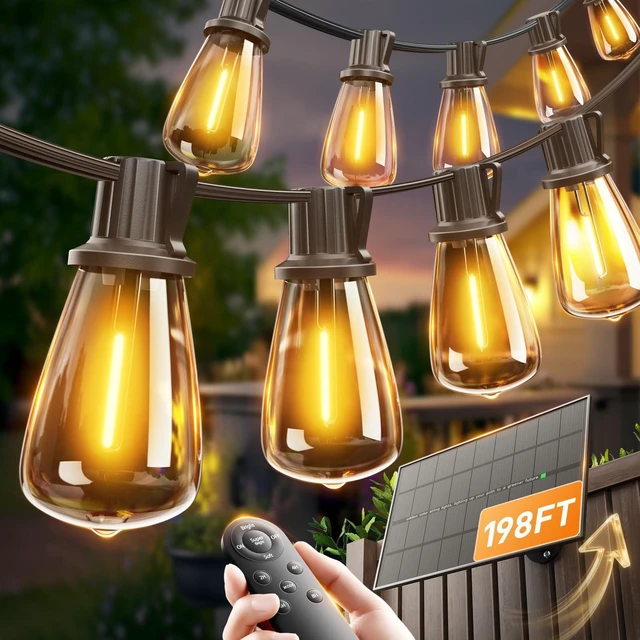 Main image of 198FT(192+6) Solar String Lights Outdoor with Remote, Long-Lasting Waterproof Patio Lights, Dimmable & Timable Hanging Solar Light with 60 LED Bulbs for Outside, Yard, Garden, Camping, Gazebo