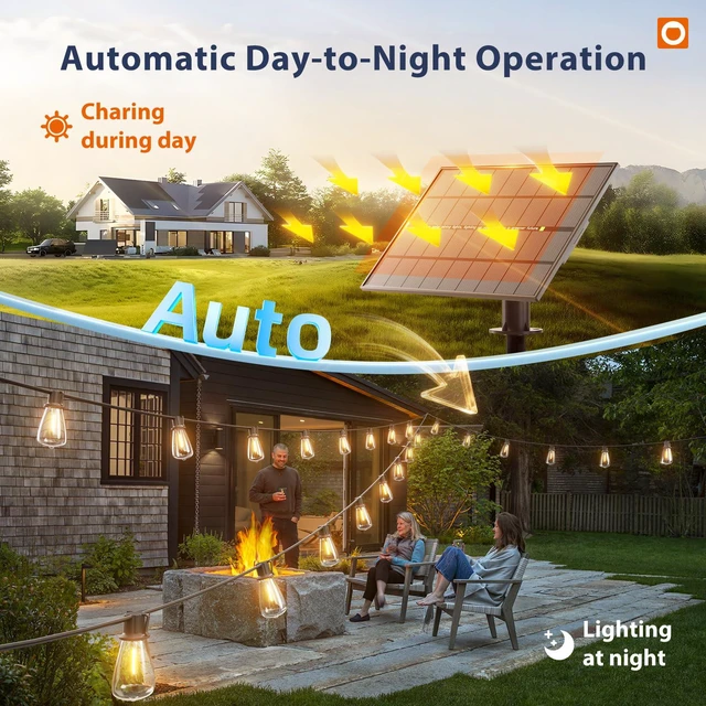 Alt view image 4 of 7 - 198FT(192+6) Solar String Lights Outdoor with Remote, Long-Lasting Waterproof Patio Lights, Dimmable & Timable Hanging Solar Light with 60 LED Bulbs for Outside, Yard, Garden, Camping, Gazebo