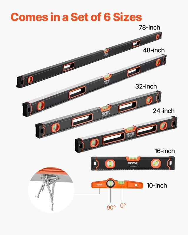 Alt view image 3 of 7 - 6-Piece Torpedo Level, 78/48/32/24/16/10 Inch Box Levels Set, Bubble Vials Ruler for 45/90/180 Degree, Shock-Proof Aluminum Alloy Magnetic Leveler Tool, SAE/Metric Scale(Only 10-inch has magnet)