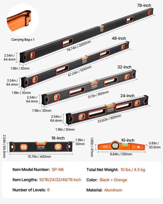 Alt view image 7 of 7 - 6-Piece Torpedo Level, 78/48/32/24/16/10 Inch Box Levels Set, Bubble Vials Ruler for 45/90/180 Degree, Shock-Proof Aluminum Alloy Magnetic Leveler Tool, SAE/Metric Scale(Only 10-inch has magnet)