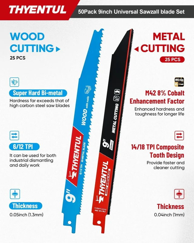 Alt view image 2 of 7 - 50 Pack 9 Inch Reciprocating Saw Blades, 6/12 & 14/18 TPI Bi-Metal Sawzall Blades for Wood, Nail-Embedded Wood & Metal Cutting