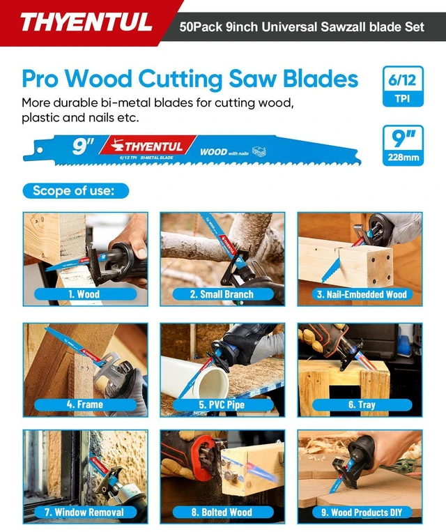 Alt view image 3 of 7 - 50 Pack 9 Inch Reciprocating Saw Blades, 6/12 & 14/18 TPI Bi-Metal Sawzall Blades for Wood, Nail-Embedded Wood & Metal Cutting