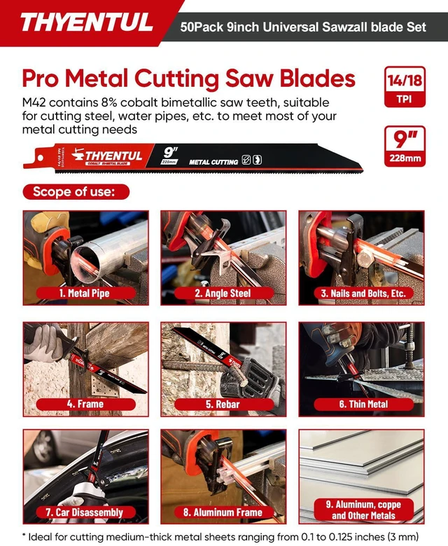 Alt view image 4 of 7 - 50 Pack 9 Inch Reciprocating Saw Blades, 6/12 & 14/18 TPI Bi-Metal Sawzall Blades for Wood, Nail-Embedded Wood & Metal Cutting