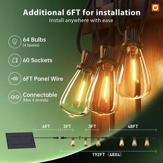Alt view image 6 of 7 - 198FT(192+6) Solar String Lights Outdoor with Remote, Long-Lasting Waterproof Patio Lights, Dimmable & Timable Hanging Solar Light with 60 LED Bulbs for Outside, Yard, Garden, Camping, Gazebo