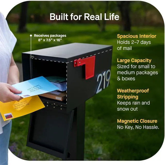 Alt view image 4 of 7 - Post Mount Outdoor Mailboxes - Large Decorative Mailbox for Letters and Packages - Weatherproof Construction - Durable Steel - Magnetic Closure - 9.5 H x 9.5 W x 20.75 D - Black