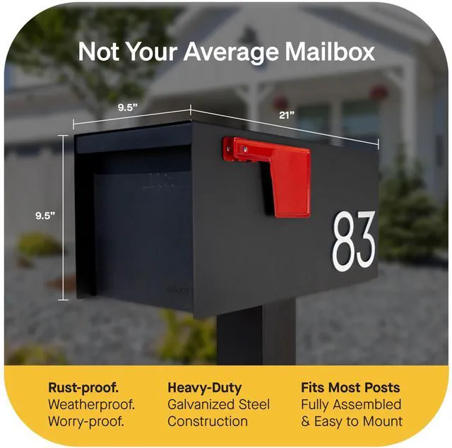 Alt view image 3 of 7 - Post Mount Outdoor Mailboxes - Large Decorative Mailbox for Letters and Packages - Weatherproof Construction - Durable Steel - Magnetic Closure - 9.5 H x 9.5 W x 20.75 D - Black