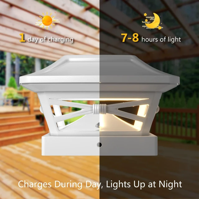 Alt view image 5 of 6 - Renaissance Solar Outdoor Post Cap Lights, 4x4 5x5 6x6, Bright 12PK Pearl White, fence/deck/garden/patio posts, UV fade-protected plastic, auto-on, 7-8h runtime, cordless, IP44, 25lm warm white