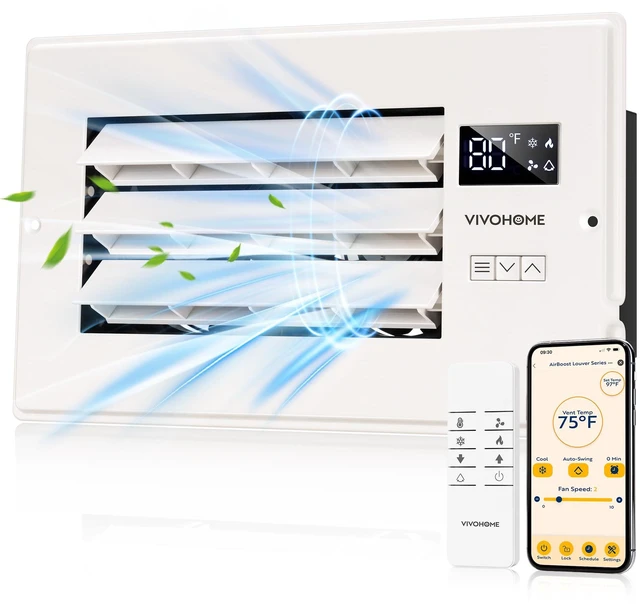 Main image of Register Booster Fan - 6'' x 10'' Opening with Adjustable Louver Smart Thermostat & 10-Speed WIFI App Control - AC Vent Fan for Floor, Ceiling, Wall - Quiet Operation (White)