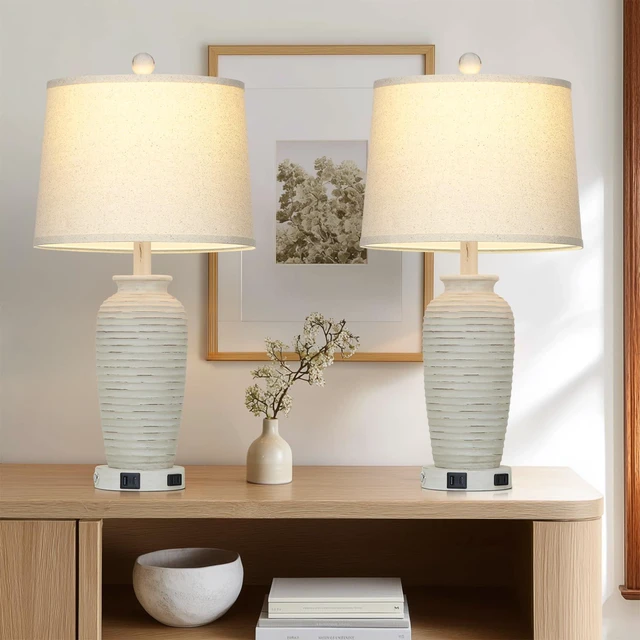 Alt view image 2 of 7 - 25" Retro White Farmhouse Jar Table Lamps Set of 2, 3 Way Touch Control Rustic Bedside Lamps with USB A+C Ports & AC Outlet, Pot Nightstand Lamps for Bedroom Living Room (LED Bulbs Included)