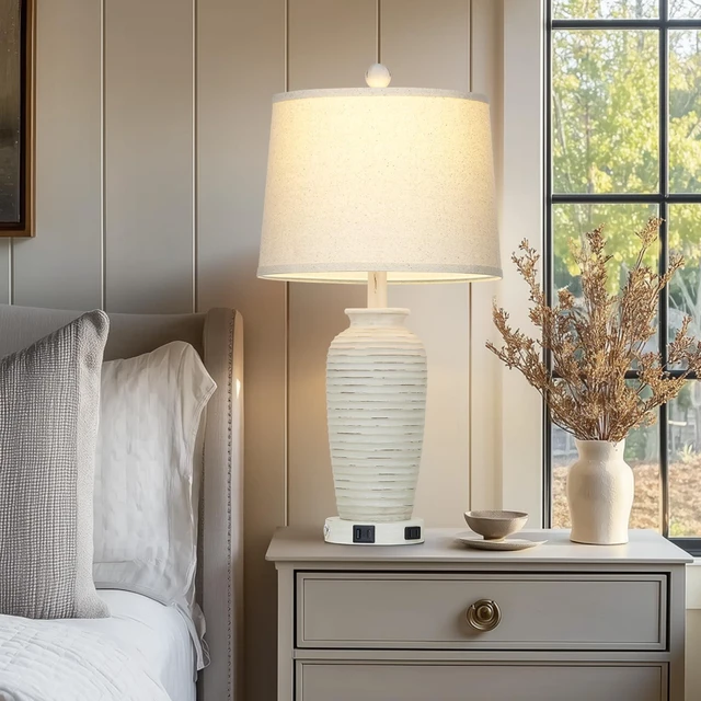 Alt view image 4 of 7 - 25" Retro White Farmhouse Jar Table Lamps Set of 2, 3 Way Touch Control Rustic Bedside Lamps with USB A+C Ports & AC Outlet, Pot Nightstand Lamps for Bedroom Living Room (LED Bulbs Included)
