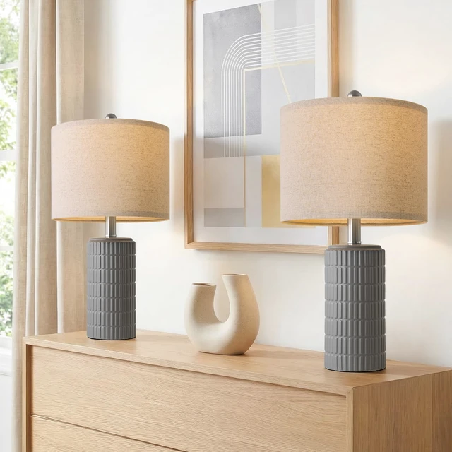 Alt view image 2 of 7 - 20.75'' Ceramic Small Table Lamps for Bedroom, Modern Dark Gray Bedside Lamps Set of 2, Farmhouse Lamps for Living Room with Linen Lampshade for Night Stands Guest Room Side End Table Console