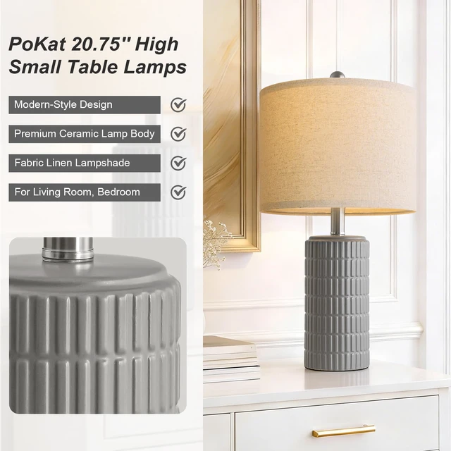 Alt view image 4 of 7 - 20.75'' Ceramic Small Table Lamps for Bedroom, Modern Dark Gray Bedside Lamps Set of 2, Farmhouse Lamps for Living Room with Linen Lampshade for Night Stands Guest Room Side End Table Console