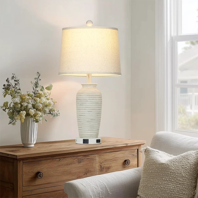 Alt view image 7 of 7 - 25" Retro White Farmhouse Jar Table Lamps Set of 2, 3 Way Touch Control Rustic Bedside Lamps with USB A+C Ports & AC Outlet, Pot Nightstand Lamps for Bedroom Living Room (LED Bulbs Included)