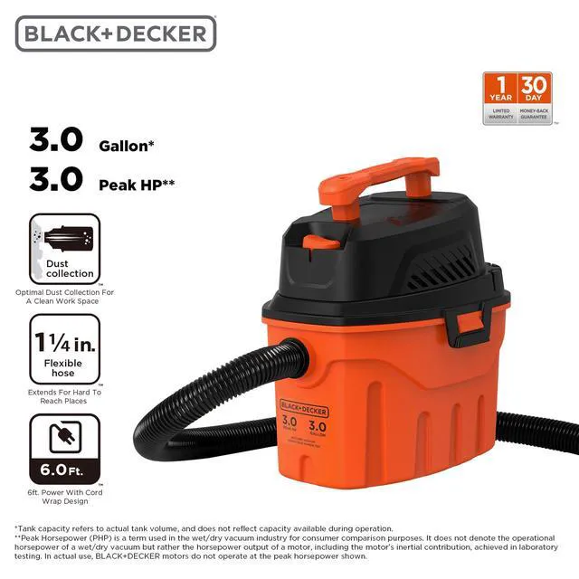 Alt view image 2 of 7 - Shop Vacuum Wet and Dry, 3 Gallon 3.0 Peak HP, 3-in-1 Portable Corded Shop Vac with Accessories, Vacuum Cleaner for Home, Pet and Car(BDXV18910P-3)