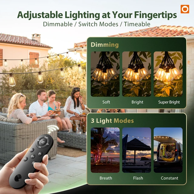 Alt view image 3 of 7 - 198FT(192+6) Solar String Lights Outdoor with Remote, Long-Lasting Waterproof Patio Lights, Dimmable & Timable Hanging Solar Light with 60 LED Bulbs for Outside, Yard, Garden, Camping, Gazebo