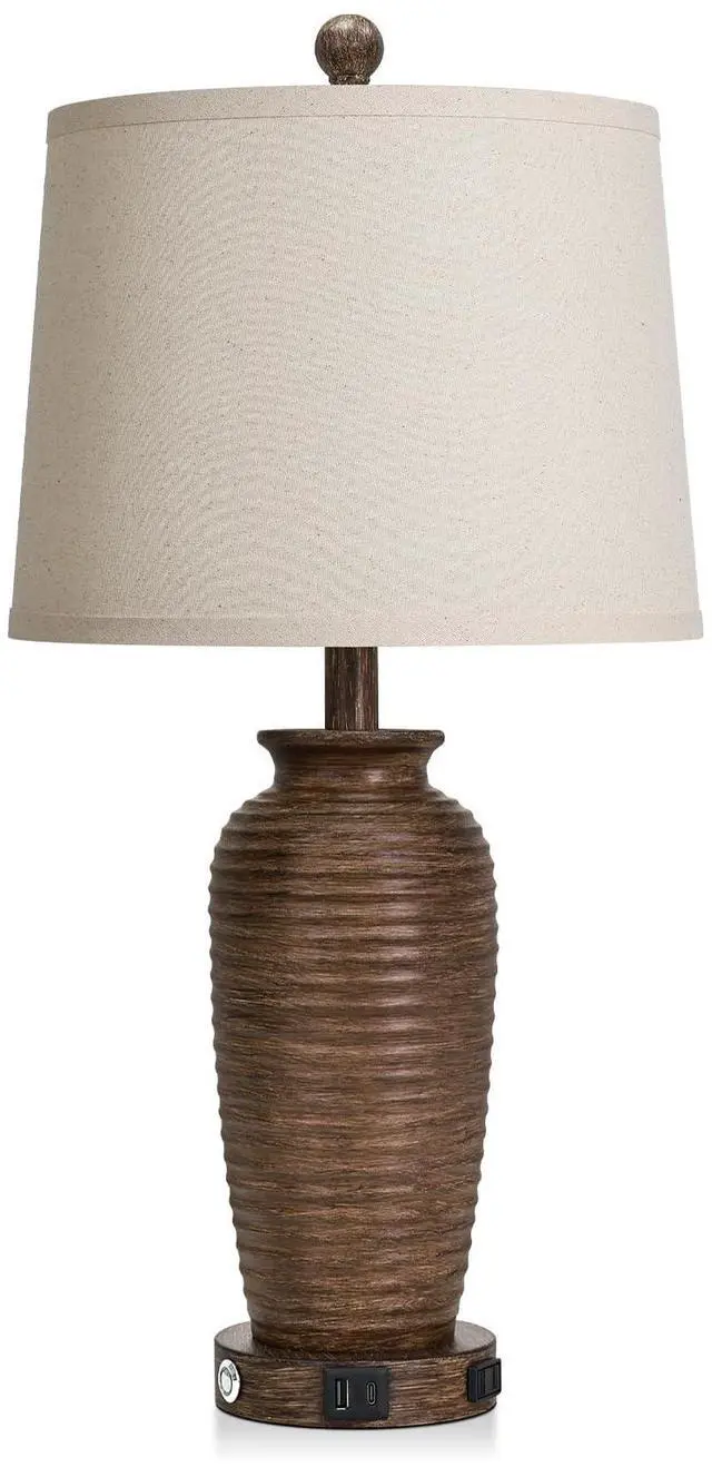 Alt view image 3 of 7 - 25" Retro Walnut Brown Farmhouse Jar Table Lamps Set of 2, 3 Way Touch Control Rustic Bedside Lamps with USB A+C Ports & AC Outlet, Pot Nightstand Lamps for Bedroom Living Room