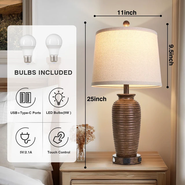 Alt view image 4 of 7 - 25" Retro Walnut Brown Farmhouse Jar Table Lamps Set of 2, 3 Way Touch Control Rustic Bedside Lamps with USB A+C Ports & AC Outlet, Pot Nightstand Lamps for Bedroom Living Room