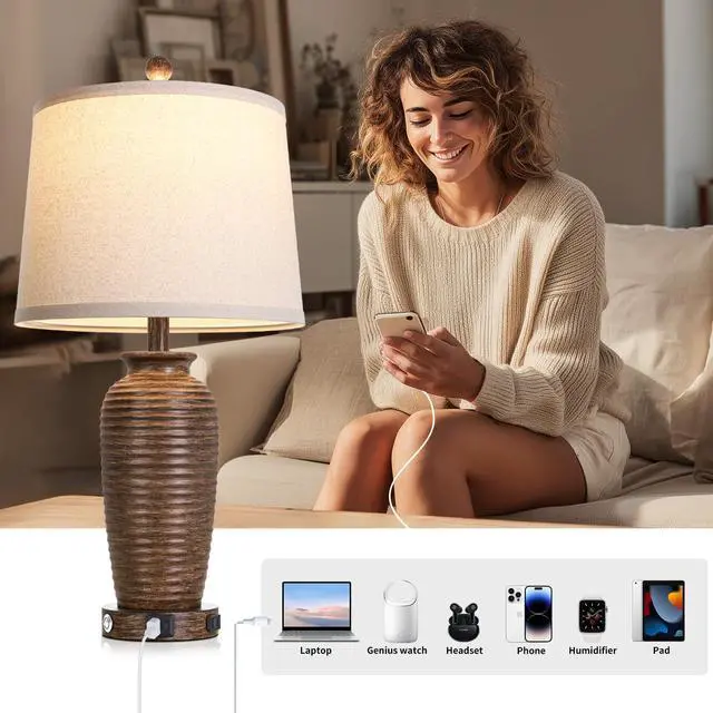 Alt view image 5 of 7 - 25" Retro Walnut Brown Farmhouse Jar Table Lamps Set of 2, 3 Way Touch Control Rustic Bedside Lamps with USB A+C Ports & AC Outlet, Pot Nightstand Lamps for Bedroom Living Room