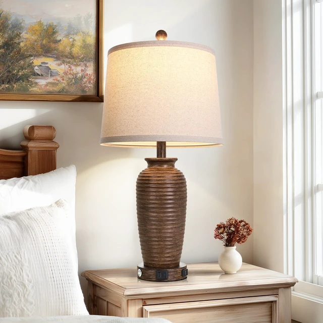 Alt view image 6 of 7 - 25" Retro Walnut Brown Farmhouse Jar Table Lamps Set of 2, 3 Way Touch Control Rustic Bedside Lamps with USB A+C Ports & AC Outlet, Pot Nightstand Lamps for Bedroom Living Room