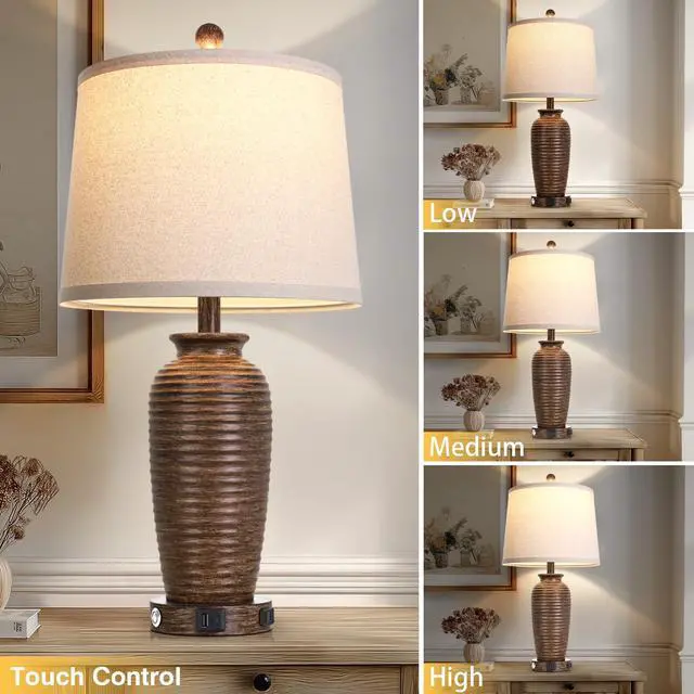 Alt view image 7 of 7 - 25" Retro Walnut Brown Farmhouse Jar Table Lamps Set of 2, 3 Way Touch Control Rustic Bedside Lamps with USB A+C Ports & AC Outlet, Pot Nightstand Lamps for Bedroom Living Room