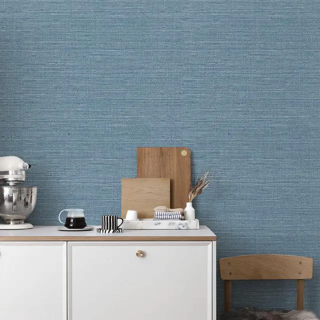 Alt view image 2 of 6 - Grasscloth Wallpaper Peel and Stick 1181" x 17.3" Blue Cream Grassweave Stick on Wallpaper Textured Self Adhesive Wall Paper Contact Paper
