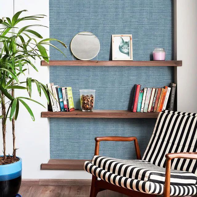 Main image of Grasscloth Wallpaper Peel and Stick 1181" x 17.3" Blue Cream Grassweave Stick on Wallpaper Textured Self Adhesive Wall Paper Contact Paper