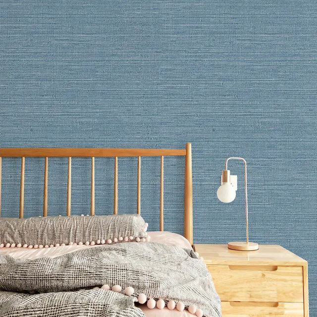 Alt view image 3 of 6 - Grasscloth Wallpaper Peel and Stick 1181" x 17.3" Blue Cream Grassweave Stick on Wallpaper Textured Self Adhesive Wall Paper Contact Paper