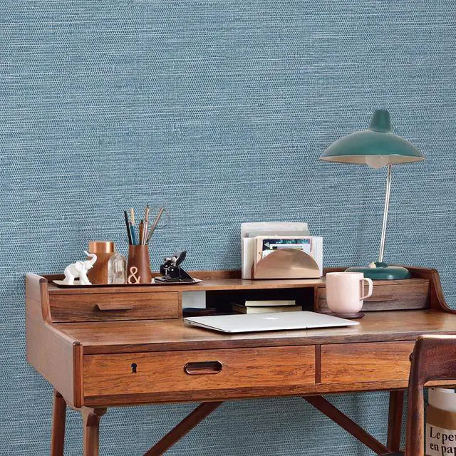 Alt view image 5 of 6 - Grasscloth Wallpaper Peel and Stick 1181" x 17.3" Blue Cream Grassweave Stick on Wallpaper Textured Self Adhesive Wall Paper Contact Paper