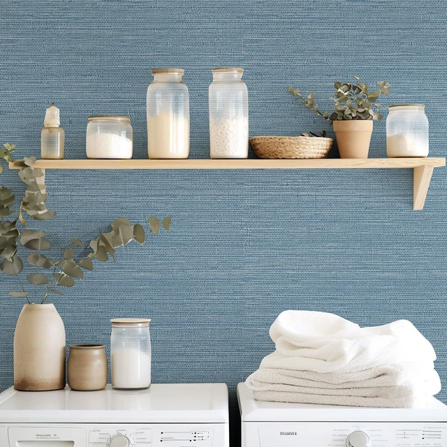Alt view image 6 of 6 - Grasscloth Wallpaper Peel and Stick 1181" x 17.3" Blue Cream Grassweave Stick on Wallpaper Textured Self Adhesive Wall Paper Contact Paper