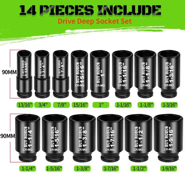 Alt view image 2 of 7 - 3/4 inch Drive Impact Socket Set, 14 Piece Heavy Duty CR-MO Deep and Jumbo Sockets 6 Point Design, SAE 3/4" to 1-9/16", for Large Vehicle and Apparatus Maintenance