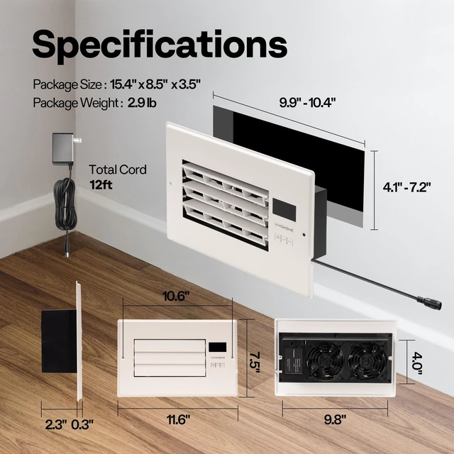 Alt view image 2 of 7 - Register Booster Fan - 6'' x 10'' Opening with Adjustable Louver Smart Thermostat & 10-Speed Remote Control - AC Vent Fan for Floor, Ceiling, Wall - Quiet Operation (White)