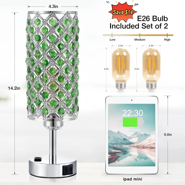 Alt view image 4 of 7 - Green Crystal Lamp Touch Control Set of 2, Crystal Table Lamps with USB C+A Ports & AC Outlet, 3-Way Dimmable Nightstand Touch Lamp, Modern Bedside Table Lamp for Bedroom(Bulbs Included)