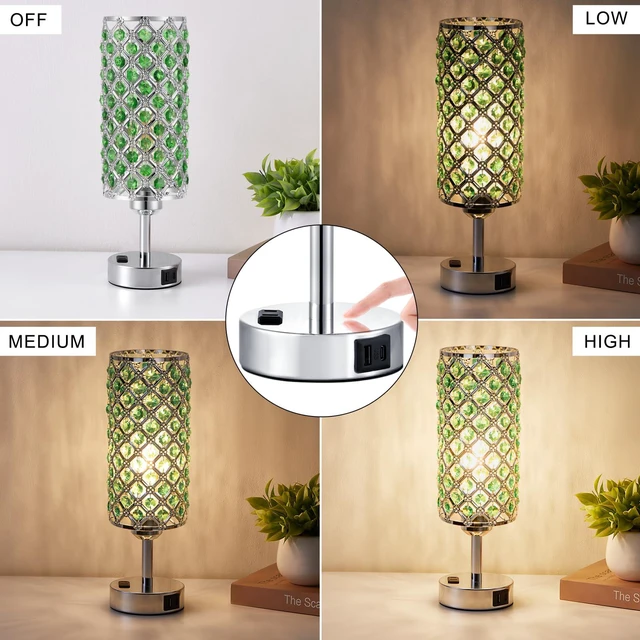 Alt view image 3 of 7 - Green Crystal Lamp Touch Control Set of 2, Crystal Table Lamps with USB C+A Ports & AC Outlet, 3-Way Dimmable Nightstand Touch Lamp, Modern Bedside Table Lamp for Bedroom(Bulbs Included)
