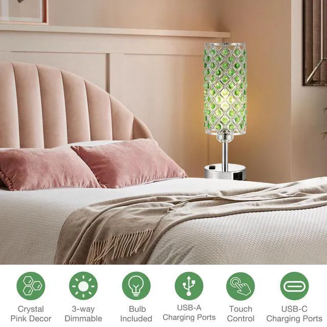 Alt view image 6 of 7 - Green Crystal Lamp Touch Control Set of 2, Crystal Table Lamps with USB C+A Ports & AC Outlet, 3-Way Dimmable Nightstand Touch Lamp, Modern Bedside Table Lamp for Bedroom(Bulbs Included)