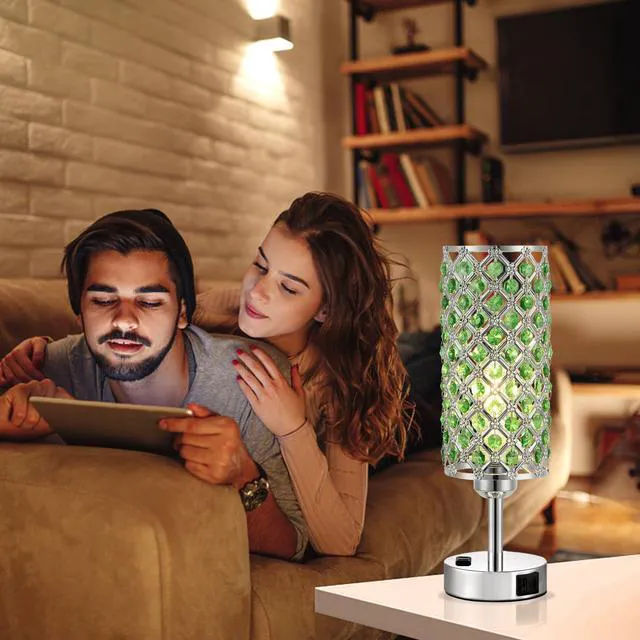 Alt view image 5 of 7 - Green Crystal Lamp Touch Control Set of 2, Crystal Table Lamps with USB C+A Ports & AC Outlet, 3-Way Dimmable Nightstand Touch Lamp, Modern Bedside Table Lamp for Bedroom(Bulbs Included)